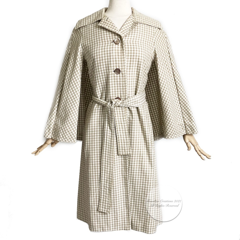 Donald Brooks Trench Coat Jacket with Attached Cape Vintage Tan White Check Rare